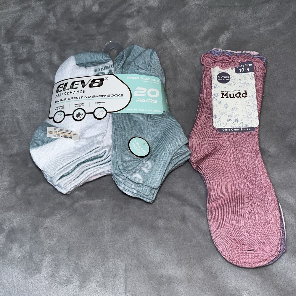 Socks Girls lot Size 10-4, 20 Pair No Show, 5‎ Pair Crew New